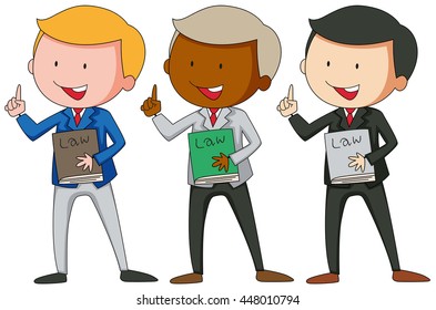Tres hombres de traje portando ilustraciones de libros de leyes
