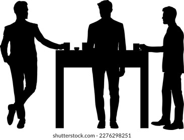 Three men in suits stand at a flexible and modern workplace with coffee cups - meeting, meeting, project