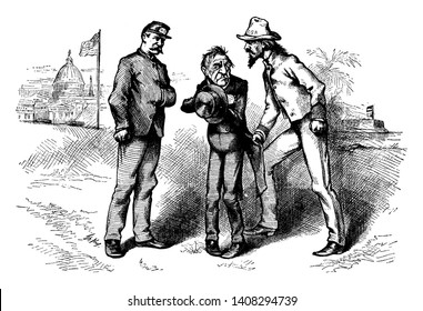 Tres hombres con trajes que hablan a sí mismos, dibujos de líneas antiguas o ilustración de grabado