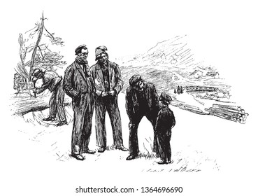 Tres hombres hablando con un niño, dibujo vintage o ilustración grabadora