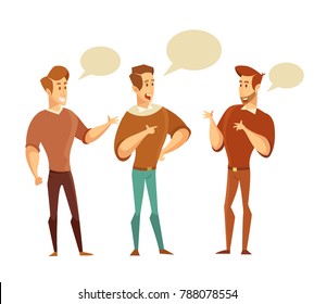 Three men talking to each other. Discussion, exchange of ideas.
Male Characters. Vector illustration in a flat style.
