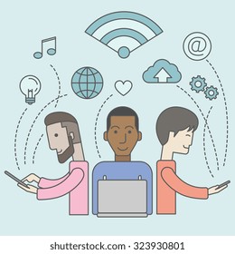 Tres hombres bajo el signo wifi. Ilustración de diseño de línea de vector. Diseño cuadrado.