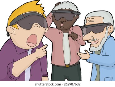 Three men with virtual reality lenses pointing their fingers