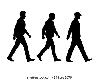 Three men walking in a row on a white background, enjoying a joyful moment