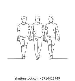 Três homens caminhando juntos representados em um estilo de desenho de linha contínua