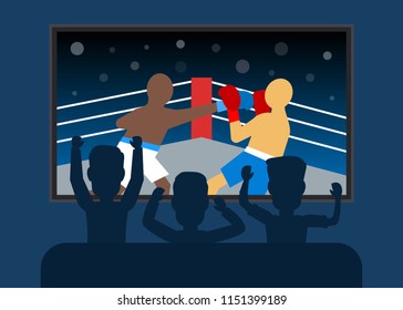 three men watching online boxing translation on tv