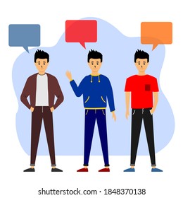 three men wearing different clothes and colored bubles on them