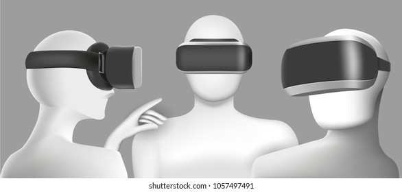 Three men wearing virtual reality headsets. Abstract vr concept. Vector illustration. Virtual reality world and simulation.