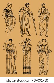 three men and three women in antic Greek costumes on beige background