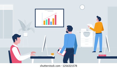 Three men work in the office, hanging on the wall growth schedule, workflow, a man sitting at a computer, a man makes copies of documents. Vector illustration