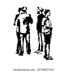 Three men and a young woman. Groups of people talking. Full-body characters in motion, interacting with each other. Hand-drawn sketch. Black and white doodle vector.