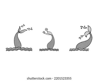 Three Mermaid Tail Swimming on Water Silhouette 