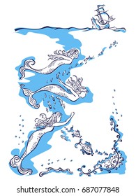 Three mermaids swim between fish to the ship 