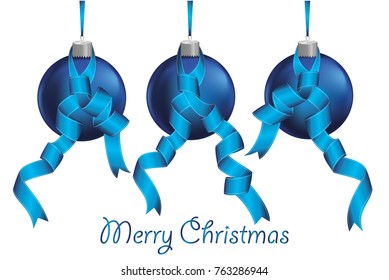 Three merry Christmas blue balls  with ribbons. Banner with copy space. Vector. Greeting card For a holiday or a party