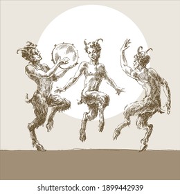 Three merry fauns dance, engrave.