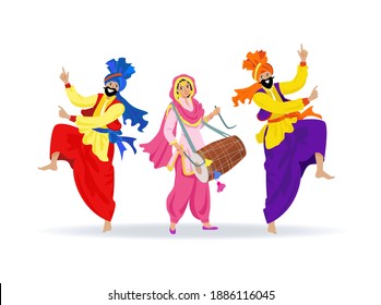 Three merry smiling sikh people in colorful clothes, dancing jumping bearded men in turbans, happy laughing girl in pink Punjabi suit playing dhol drum, celebrating traditional festival, wedding
