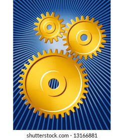 Three meshed gears, golden on deep blue field.