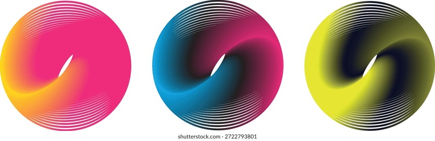 Tres fascinantes Formas abstractas en remolino presentan colores degradados brillantes y finos detalles lineales contra un fondo blanco.