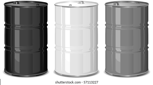 Three metal barrels on white background, vector illustration
