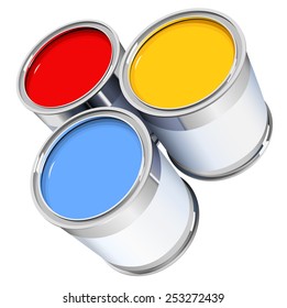 three metal cans with colorful paint