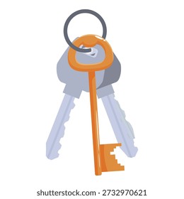 Three metal keys hanging from an orange key ring, isolated on white background