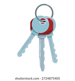 Três chaves de metal com alças de plástico vermelho penduradas em um anel de metal, simbolizando segurança, acesso e propriedade