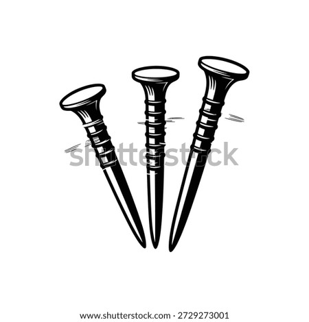 Three metal nails arranged in a simple illustrative black and white design