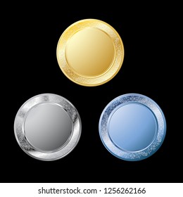 Three metal objects with floral pattern isolated on black background