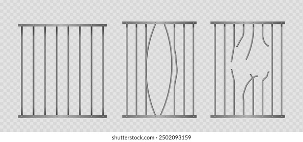 Three Metal Prison Bars In Different States Intact, Bent, And Broken, Providing A Concept Of Imprisonment And Security