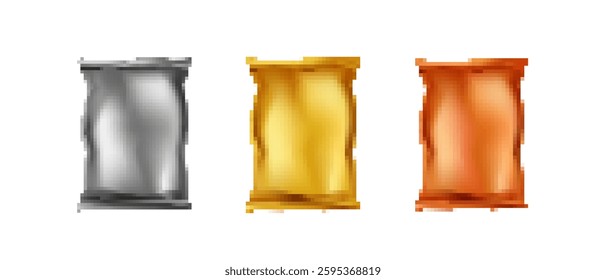 Three metallic barrels of different colors stand in a row, showcasing smooth cylindrical shapes.