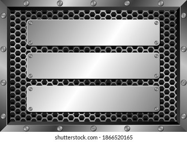 three metallic plaques on metal grate background