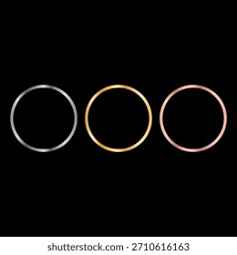 Tres anillos metálicos. Forma de Vector plateado dorado. Superponer conjunto de iconos circulares. Elemento de fondo negro.