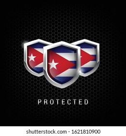three metallic shield with Cuba flags.Cuba protected shields.