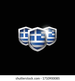 three metallic shield with greece flags.greece protected shields.