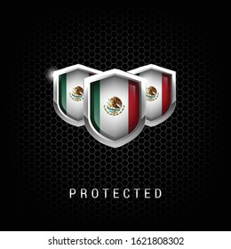 three metallic shield with mexico flags.mexico protected shields.