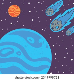 Three meteors going toward a blue planet. Night starry sky. Vector illustration.