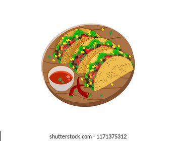 Three Mexican tacos on a wooden tray with spicy sauce and chili peppers. Vector illustration. 