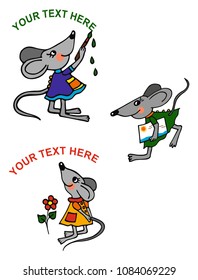 Tres ratones artistas, pintores. Vector coloreado para regalo o tarjeta. Tu texto aquí, mensaje.