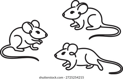 Desenho de linha contínua de três ratos. Pequenos roedores isolados sobre um fundo transparente. Ilustração minimalista em arte de linha única de animais minúsculos, representando a simplicidade e a natureza. Desenhado à mão esboço arte de personagens bonitos do mouse, perfeito para livros infantis ou temas de animais de estimação.