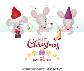 Three mice and the inscription Merry Christmas and New Year. Festive design elements, a little mouse with a gift in a Santa hat, one with a gift sock. Banner with cartoon mice characters. Stock vector