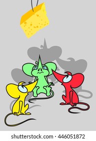 Three Mice look at Cheese which is Hanging on the Rope