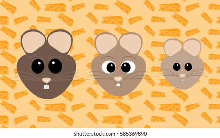 Three mice on a background with cheese.