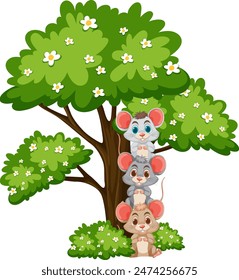 Three mice stacked under a flowering tree