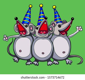 Three mice in starletter caps sing a song. Green background. Vector graphics.