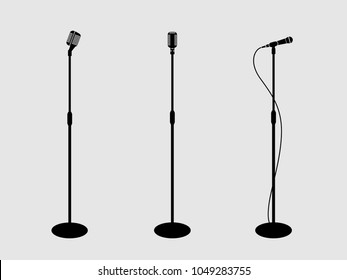 Three microphones on counter. light background. silhouette microphone. Music icon, mic. Flat design, vector.