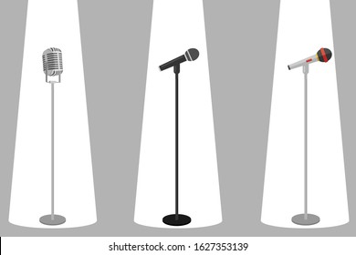 Three microphones on counter. Microphone with stand vector on white background. Set of microphones on counter. 