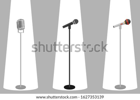 Three microphones on counter. Microphone with stand vector on white background. Set of microphones on counter. 