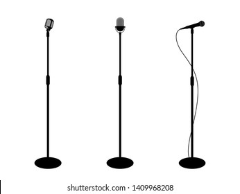 Three microphones on counter. White background. Silhouette microphone. Music icon, mic. Flat design, vector illustration