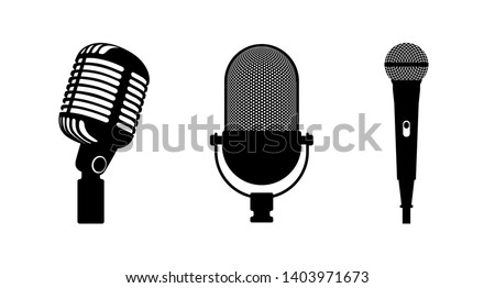 Three microphones retro and classic style. White background. Silhouette microphone. Music icon, mic. Flat design, vector illustration