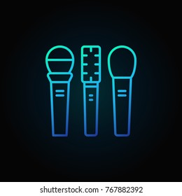 Three microphones vector blue icon or sign in thin line style on dark background